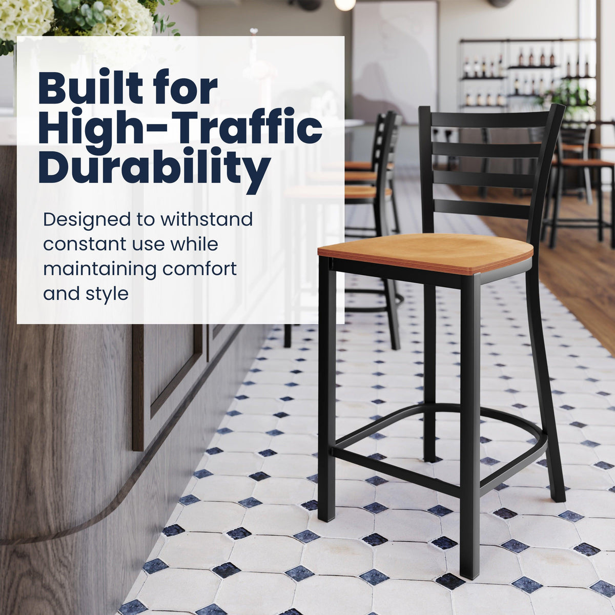 Natural Wood Seat/Black Metal Frame |#| Commercial Ladder Back Black Metal Counter Stool - Natural Wood Seat