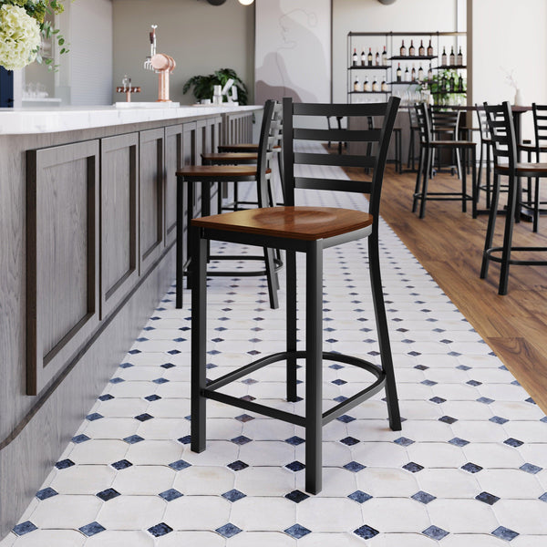 Cherry Wood Seat/Black Metal Frame |#| Commercial Ladder Back Black Metal Counter Stool - Cherry Wood Seat