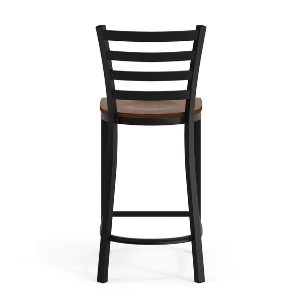 Cherry Wood Seat/Black Metal Frame |#| Commercial Ladder Back Black Metal Counter Stool - Cherry Wood Seat