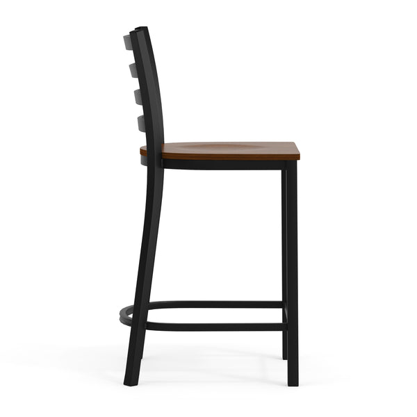 Cherry Wood Seat/Black Metal Frame |#| Commercial Ladder Back Black Metal Counter Stool - Cherry Wood Seat