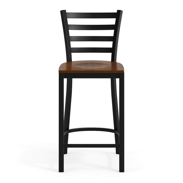 Cherry Wood Seat/Black Metal Frame |#| Commercial Ladder Back Black Metal Counter Stool - Cherry Wood Seat