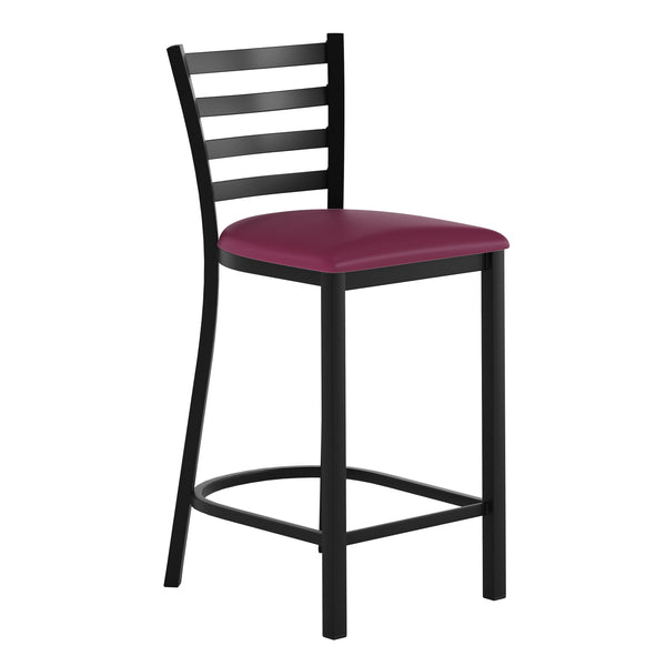 Burgundy Vinyl Seat/Black Metal Frame |#| Commercial Ladder Back Black Metal Counter Stool - Burgundy Vinyl Seat