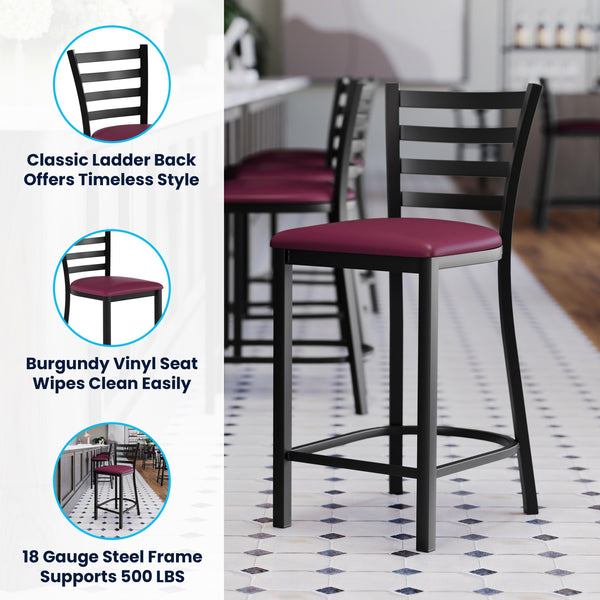 Burgundy Vinyl Seat/Black Metal Frame |#| Commercial Ladder Back Black Metal Counter Stool - Burgundy Vinyl Seat