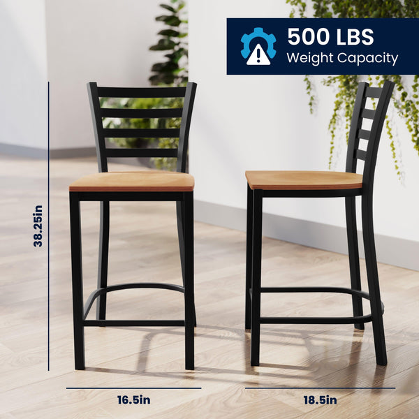 Natural Wood Seat/Black Metal Frame |#| Commercial Ladder Back Black Metal Counter Stool - Natural Wood Seat