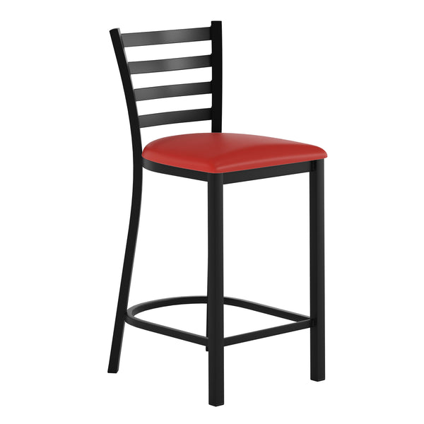 Red Vinyl Seat/Black Metal Frame |#| Commercial Ladder Back Black Metal Counter Stool - Red Vinyl Seat