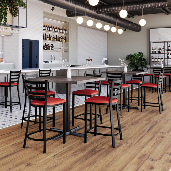 Red Vinyl Seat/Black Metal Frame |#| Commercial Ladder Back Black Metal Counter Stool - Red Vinyl Seat