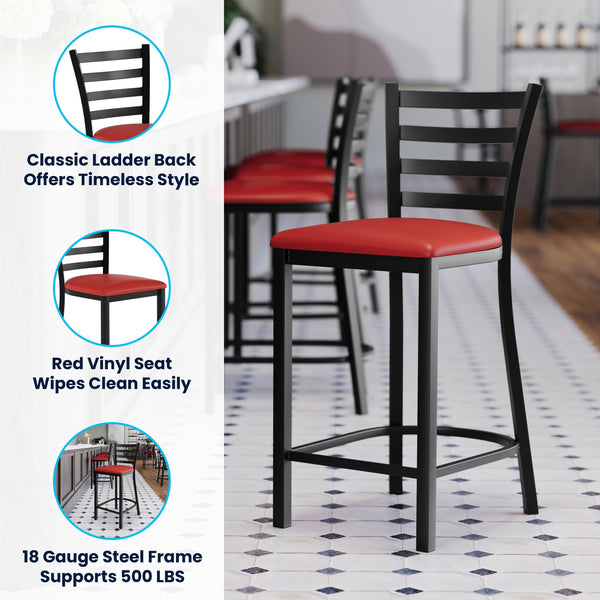 Red Vinyl Seat/Black Metal Frame |#| Commercial Ladder Back Black Metal Counter Stool - Red Vinyl Seat