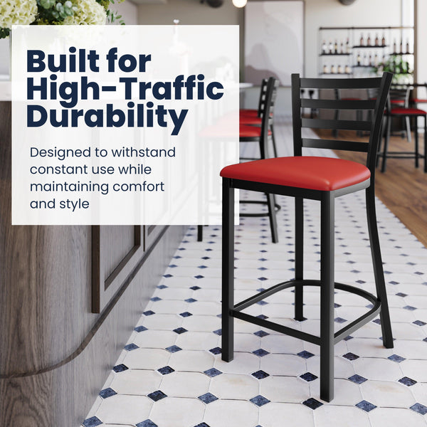 Red Vinyl Seat/Black Metal Frame |#| Commercial Ladder Back Black Metal Counter Stool - Red Vinyl Seat