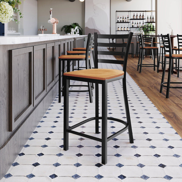 Natural Wood Seat/Black Metal Frame |#| Commercial Ladder Back Black Metal Counter Stool - Natural Wood Seat