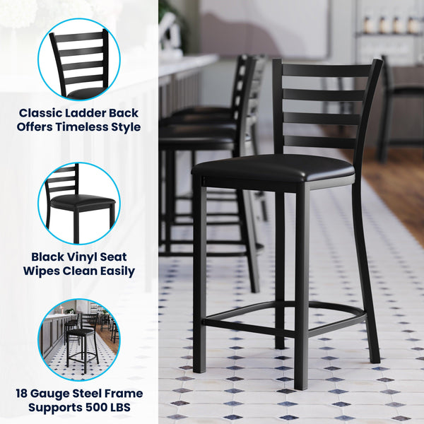 Black Vinyl Seat/Black Metal Frame |#| Commercial Ladder Back Black Metal Counter Stool - Black Vinyl Seat