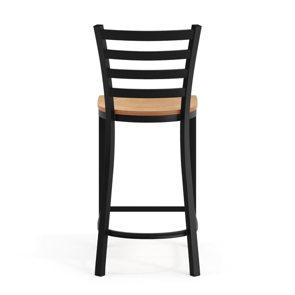 Natural Wood Seat/Black Metal Frame |#| Commercial Ladder Back Black Metal Counter Stool - Natural Wood Seat
