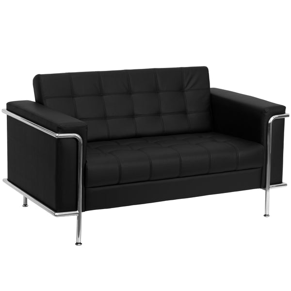 Black |#| Contemporary Black LeatherSoft Double Stitch Detail Loveseat w/Encasing Frame