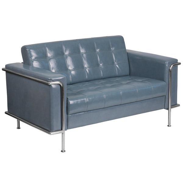 Gray |#| Contemporary Gray LeatherSoft Double Stitch Detail Loveseat w/Encasing Frame