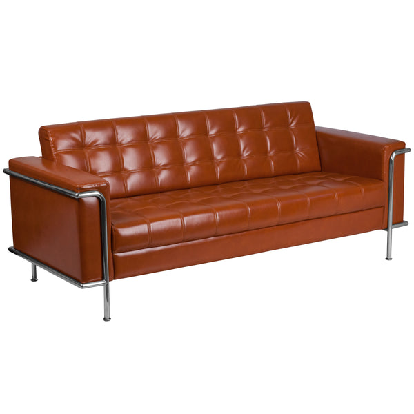 Cognac |#| Contemporary Cognac LeatherSoft Double Stitch Detail Sofa w/Encasing Frame