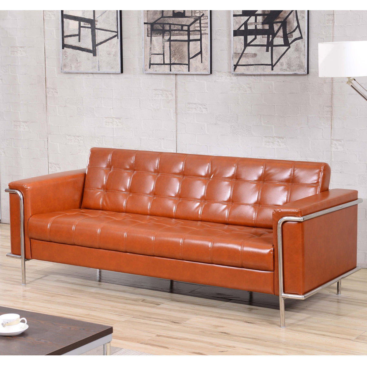 Cognac |#| Contemporary Cognac LeatherSoft Double Stitch Detail Sofa w/Encasing Frame
