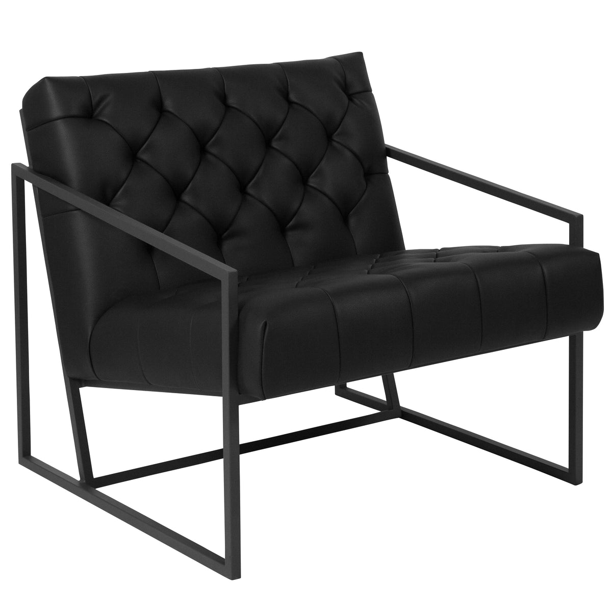 Black |#| Black LeatherSoft Tufted Lounge Chair with Integrated Frame & Slanted Arms