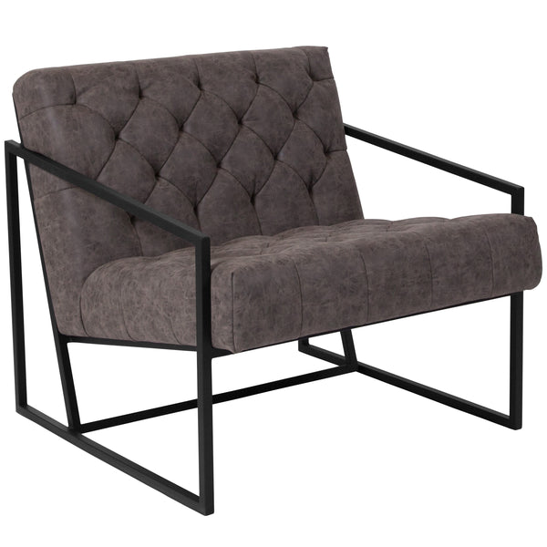 Retro Gray |#| Retro Gray LeatherSoft Tufted Lounge Chair w/Integrated Frame & Slanted Arms