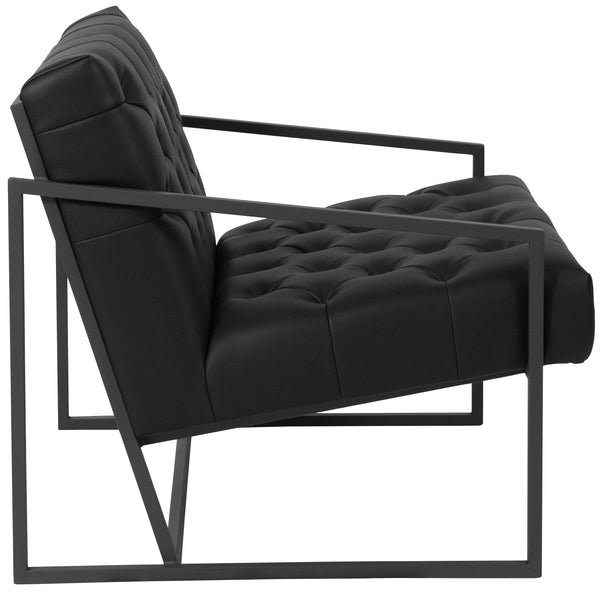 Black |#| Black LeatherSoft Tufted Lounge Chair with Integrated Frame & Slanted Arms