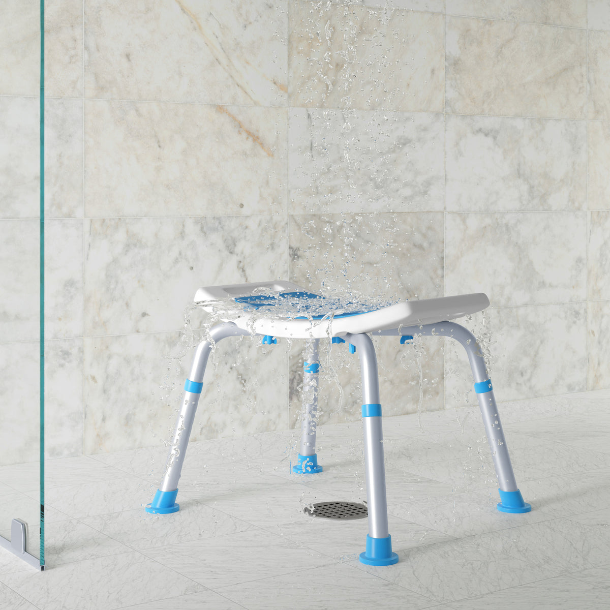 Padded Shower Stool w/ Adjustable Height, Non-Slip Feet and Seat Pad in Wht/Blue