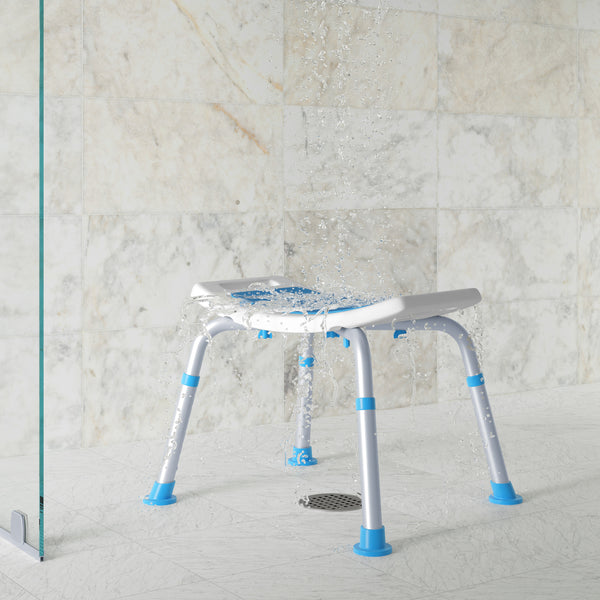 Padded Shower Stool w/ Adjustable Height, Non-Slip Feet and Seat Pad in Wht/Blue