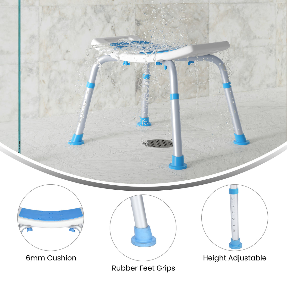 Padded Shower Stool w/ Adjustable Height, Non-Slip Feet and Seat Pad in Wht/Blue