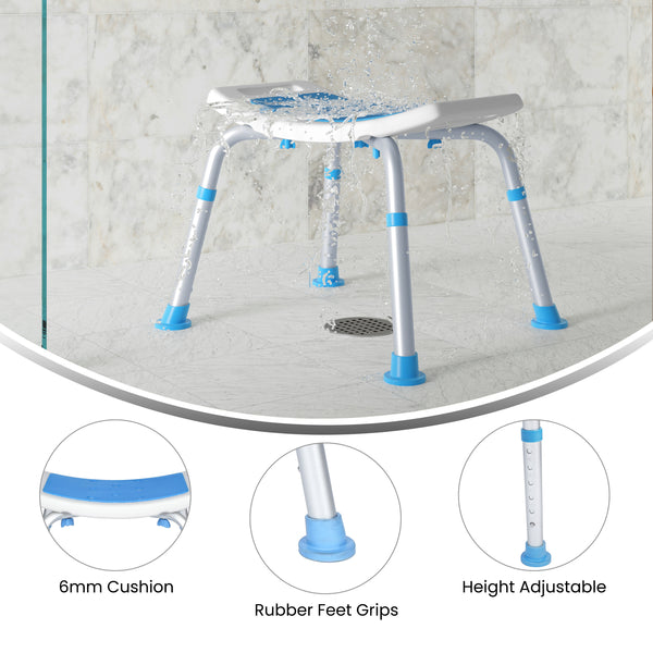 Padded Shower Stool w/ Adjustable Height, Non-Slip Feet and Seat Pad in Wht/Blue