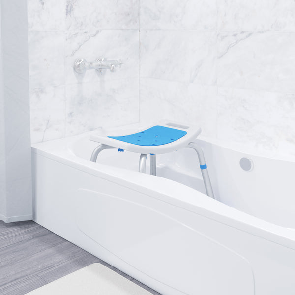 Padded Shower Stool w/ Adjustable Height, Non-Slip Feet and Seat Pad in Wht/Blue