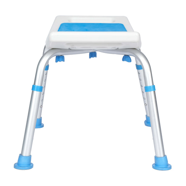 Padded Shower Stool w/ Adjustable Height, Non-Slip Feet and Seat Pad in Wht/Blue