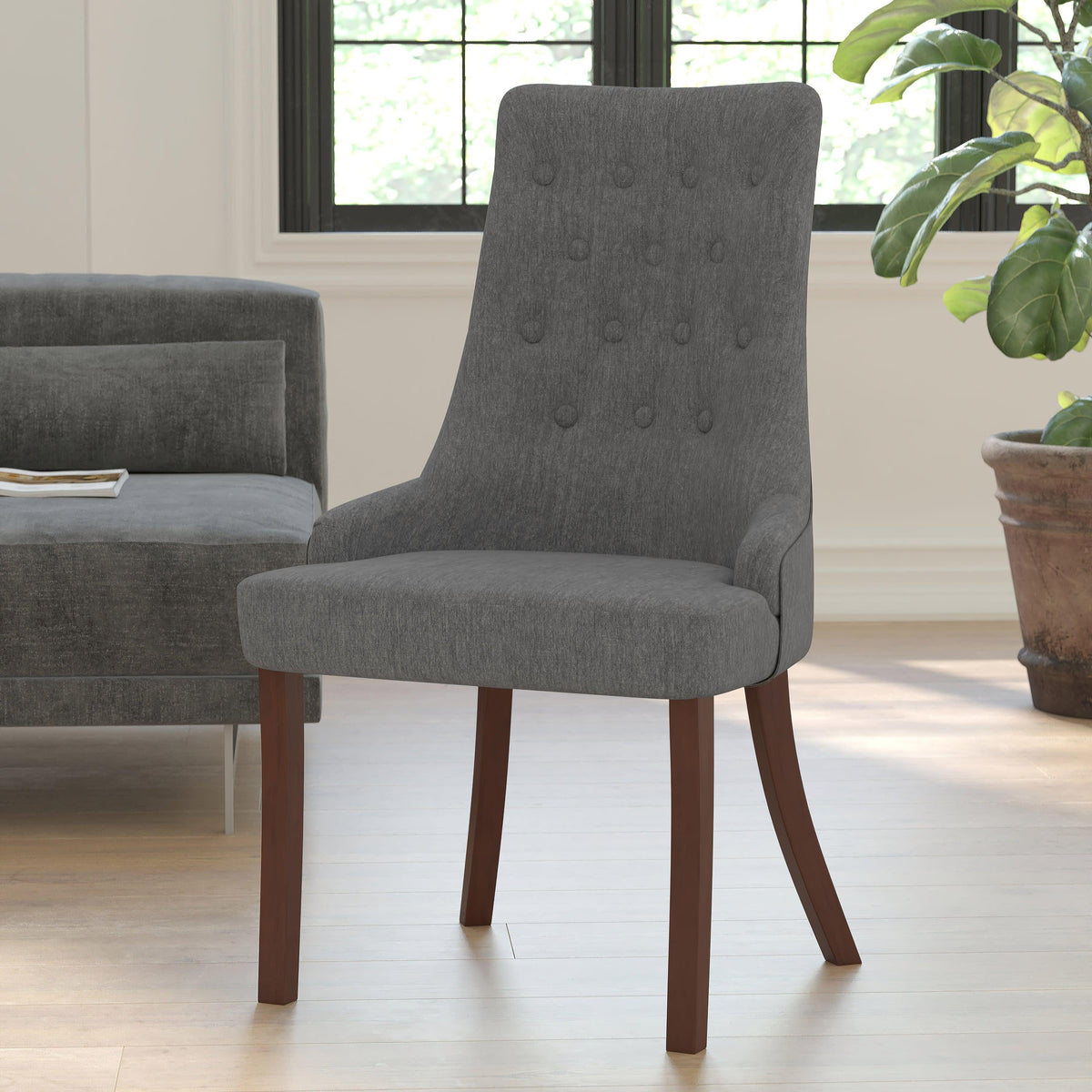 Gray Fabric |#| Gray Fabric Upholstered Button Tufted Chair with Curved Mahogany Legs