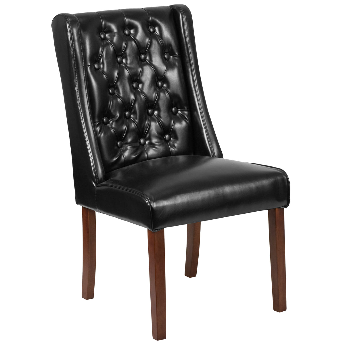 Black LeatherSoft |#| Black LeatherSoft Upholstered Button Tufted Parsons Chair with Side Panel Detail