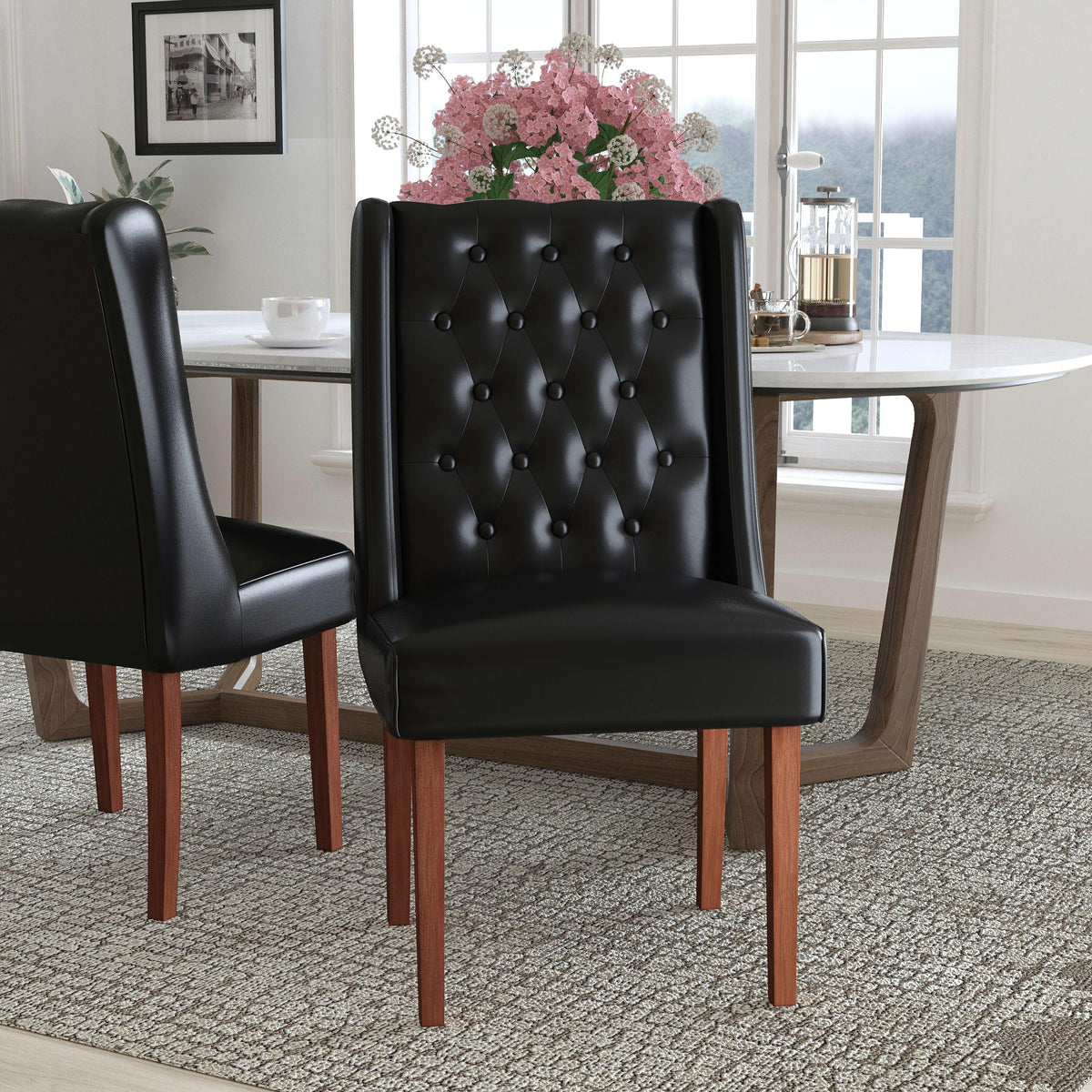 Black LeatherSoft |#| Black LeatherSoft Upholstered Button Tufted Parsons Chair with Side Panel Detail