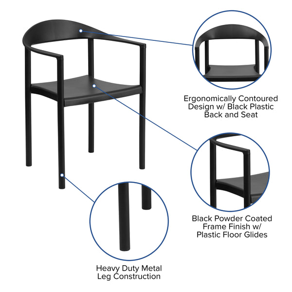 Black |#| 1000 lb. Capacity Black Plastic Cafe Stack Chair with Curving Back, Seat & Arms