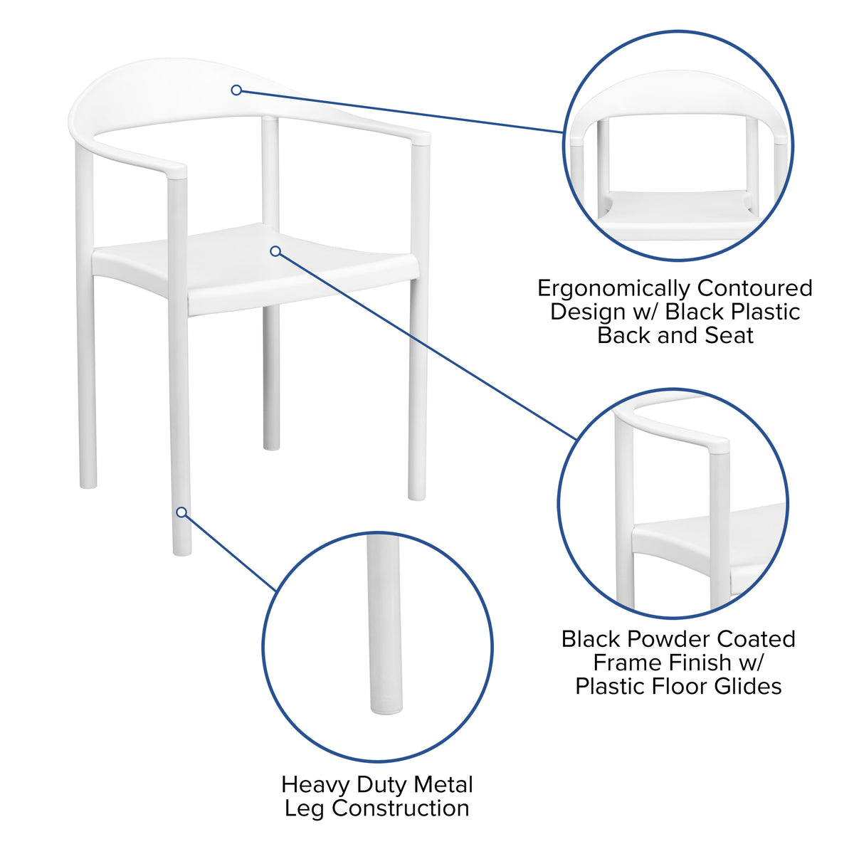 White |#| 1000 lb. Capacity White Plastic Cafe Stack Chair with Curving Back, Seat & Arms