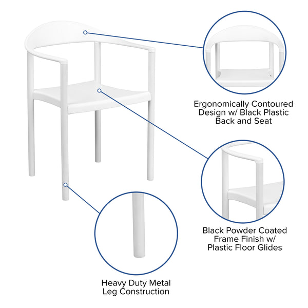 White |#| 1000 lb. Capacity White Plastic Cafe Stack Chair with Curving Back, Seat & Arms