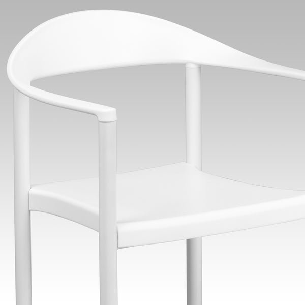 White |#| 1000 lb. Capacity White Plastic Cafe Stack Chair with Curving Back, Seat & Arms