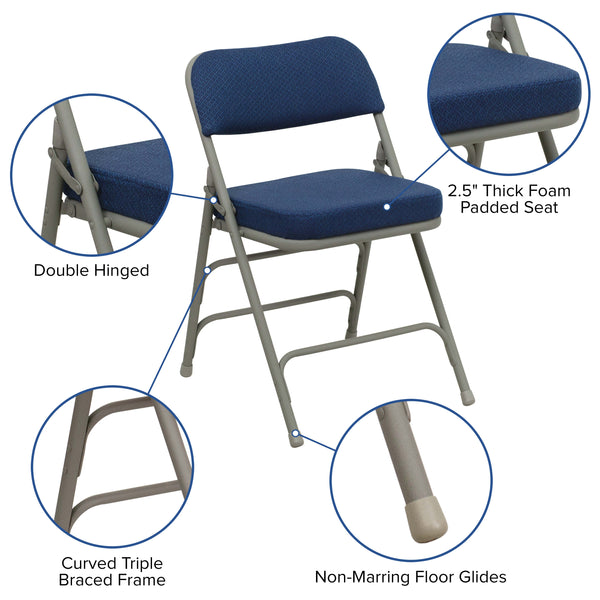 Navy Fabric/Gray Frame |#| 18.5inchW Premium Curved Triple Braced Navy Blue Fabric Metal Folding Chair