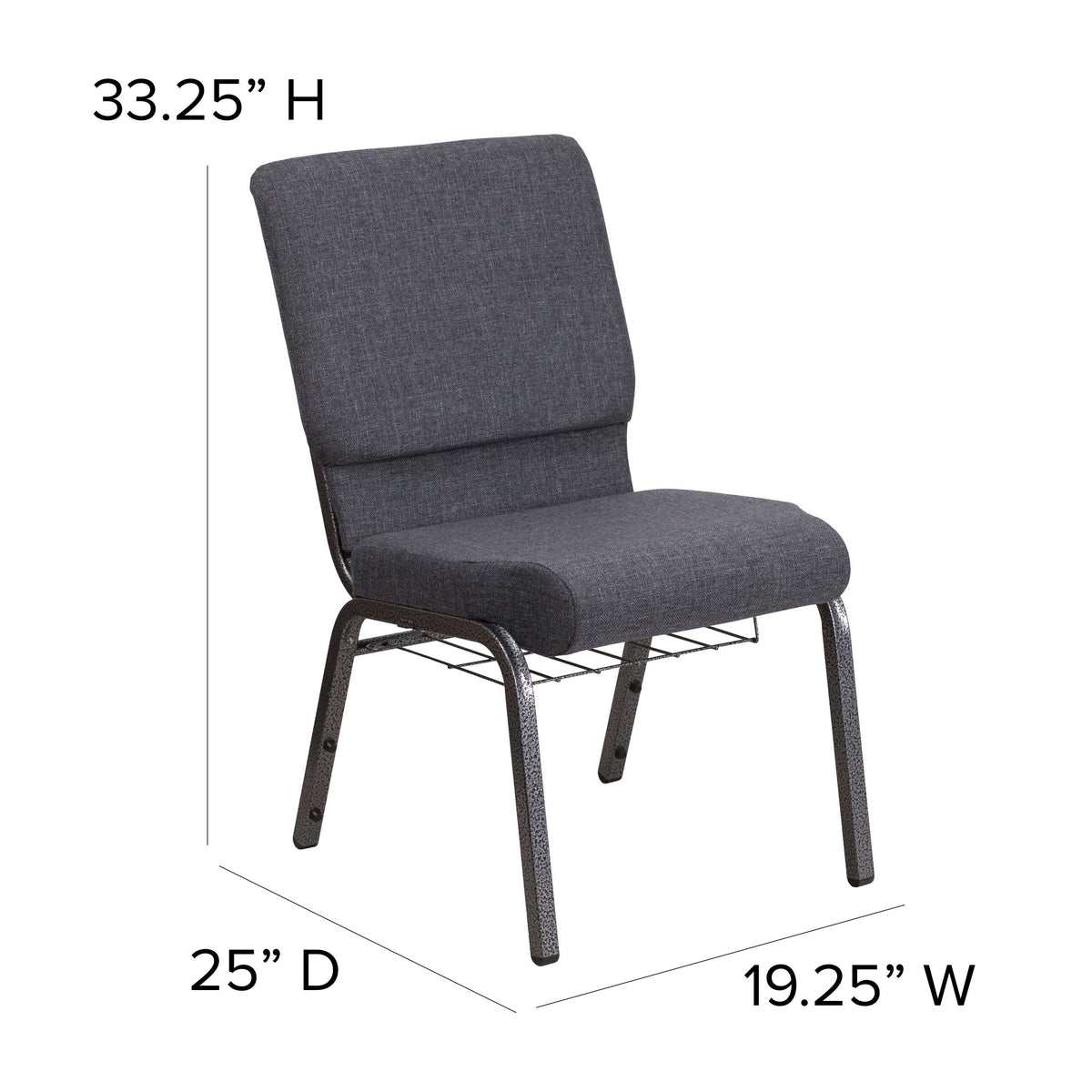 Dark Gray Fabric/Silver Vein Frame |#| 18.5inchW Church Chair in Dark Gray Fabric with Book Rack - Silver Vein Frame