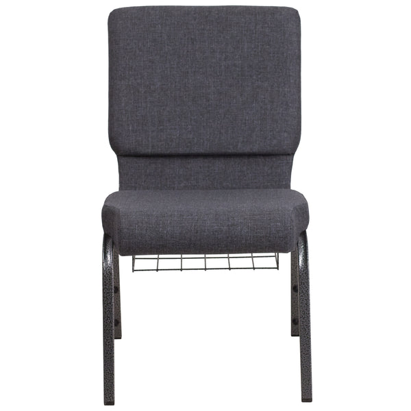 Dark Gray Fabric/Silver Vein Frame |#| 18.5inchW Church Chair in Dark Gray Fabric with Book Rack - Silver Vein Frame