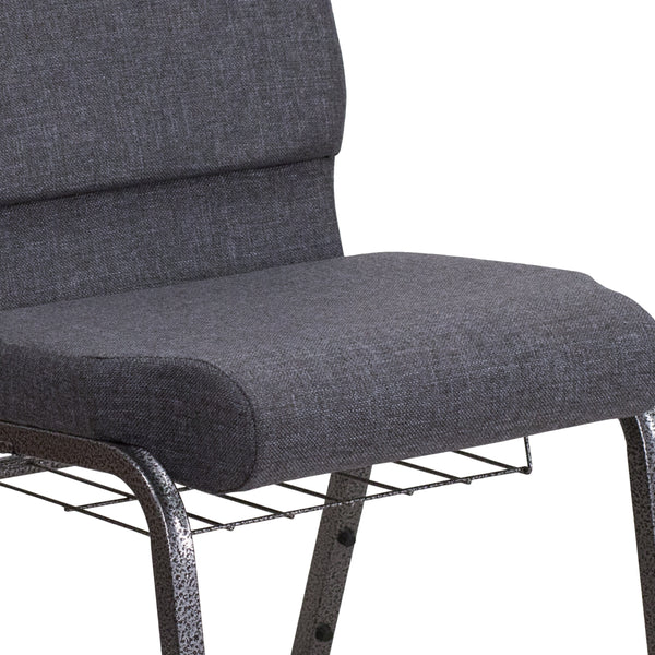 Dark Gray Fabric/Silver Vein Frame |#| 18.5inchW Church Chair in Dark Gray Fabric with Book Rack - Silver Vein Frame