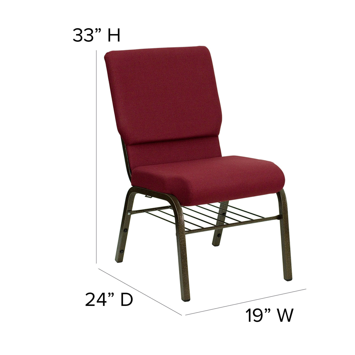 Burgundy Fabric/Gold Vein Frame |#| 18.5inchW Church Chair in Burgundy Fabric with Book Rack - Gold Vein Frame