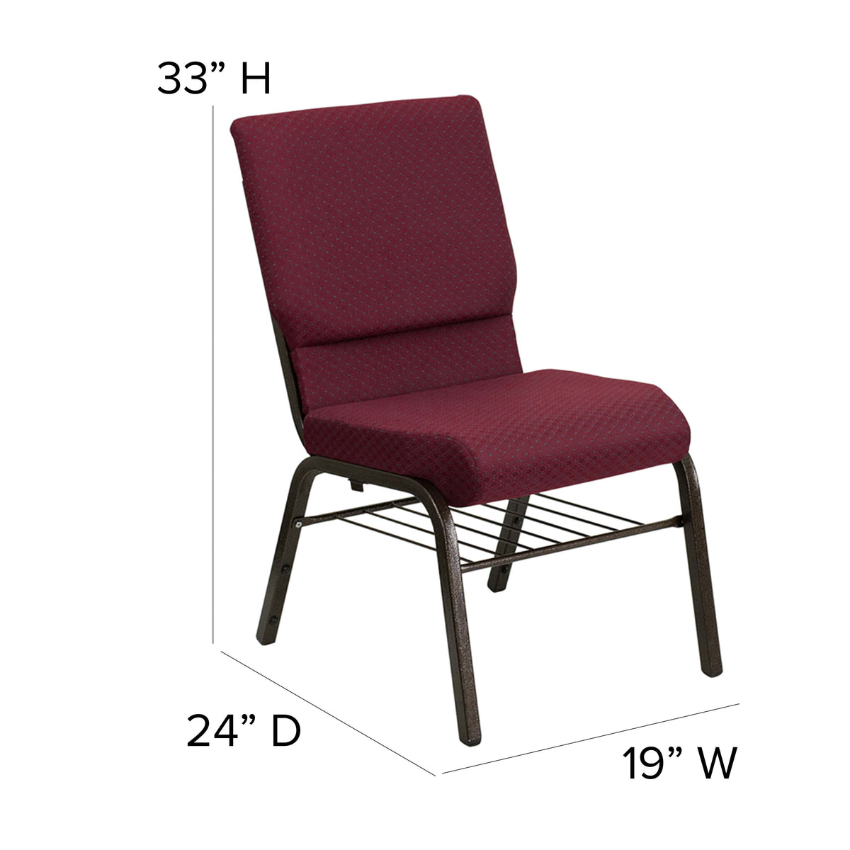 Burgundy Patterned Fabric/Gold Vein Frame |#| 18.5inchW Church Chair in Burgundy Patterned Fabric w/ Book Rack - Gold Vein Frame