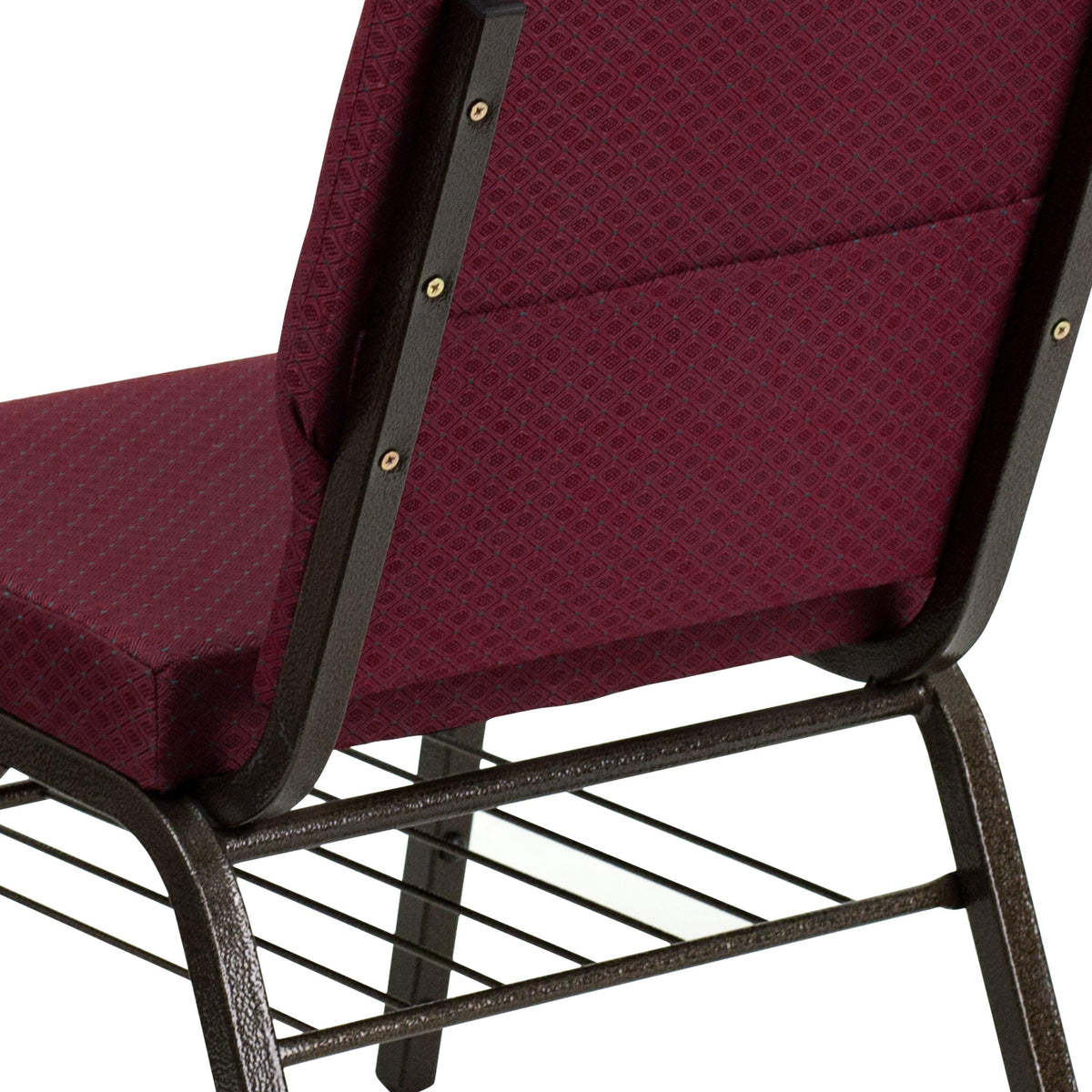 Burgundy Patterned Fabric/Gold Vein Frame |#| 18.5inchW Church Chair in Burgundy Patterned Fabric w/ Book Rack - Gold Vein Frame