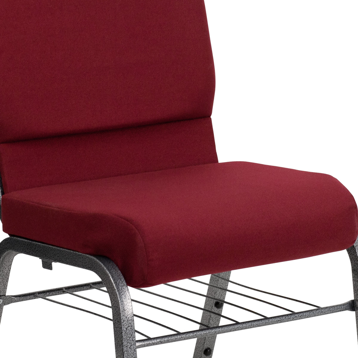 Burgundy Fabric/Silver Vein Frame |#| 18.5inchW Church Chair in Burgundy Fabric with Book Rack - Silver Vein Frame