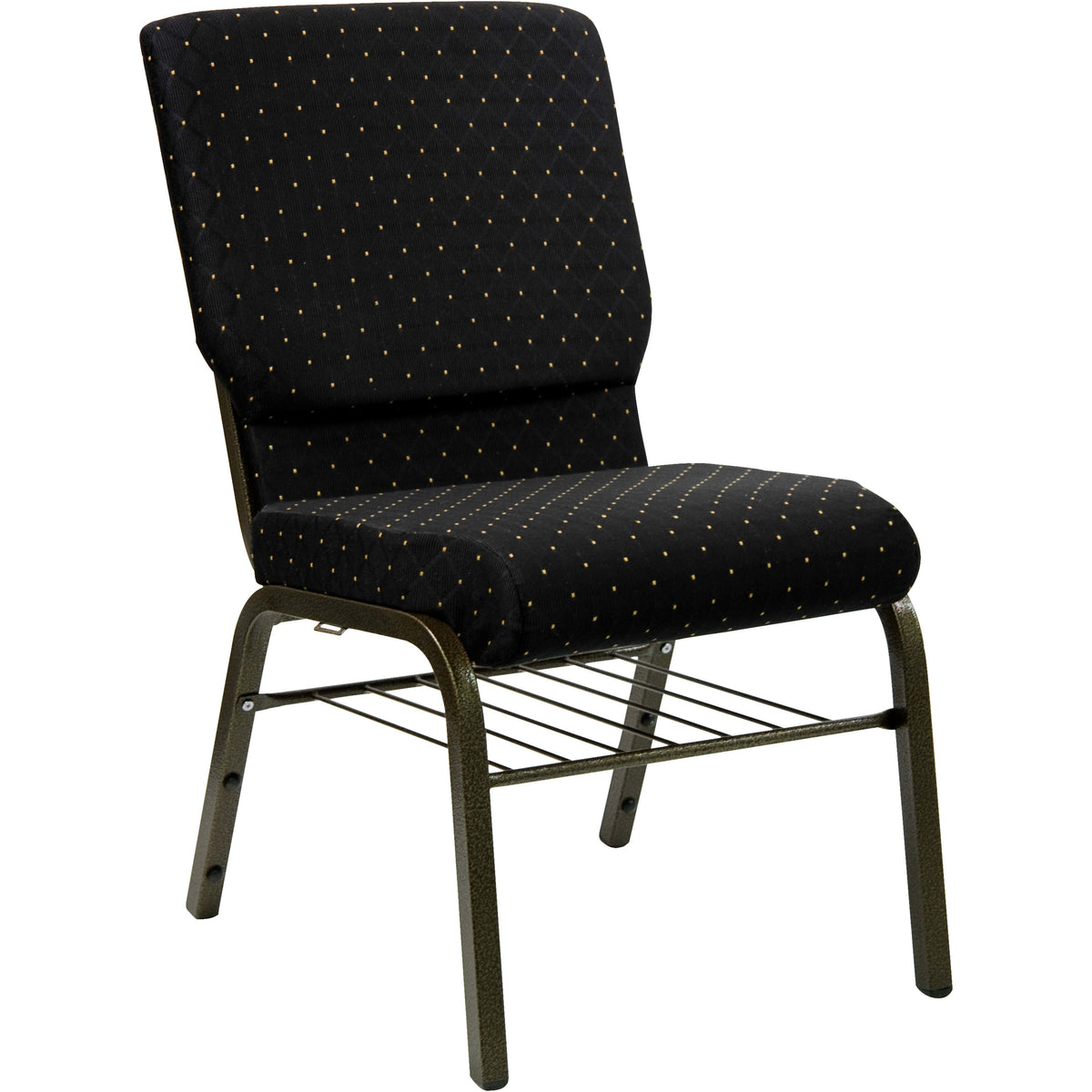 Black Dot Patterned Fabric/Gold Vein Frame |#| 18.5inchW Church Chair in Black Dot Patterned Fabric w/Book Rack - Gold Vein Frame