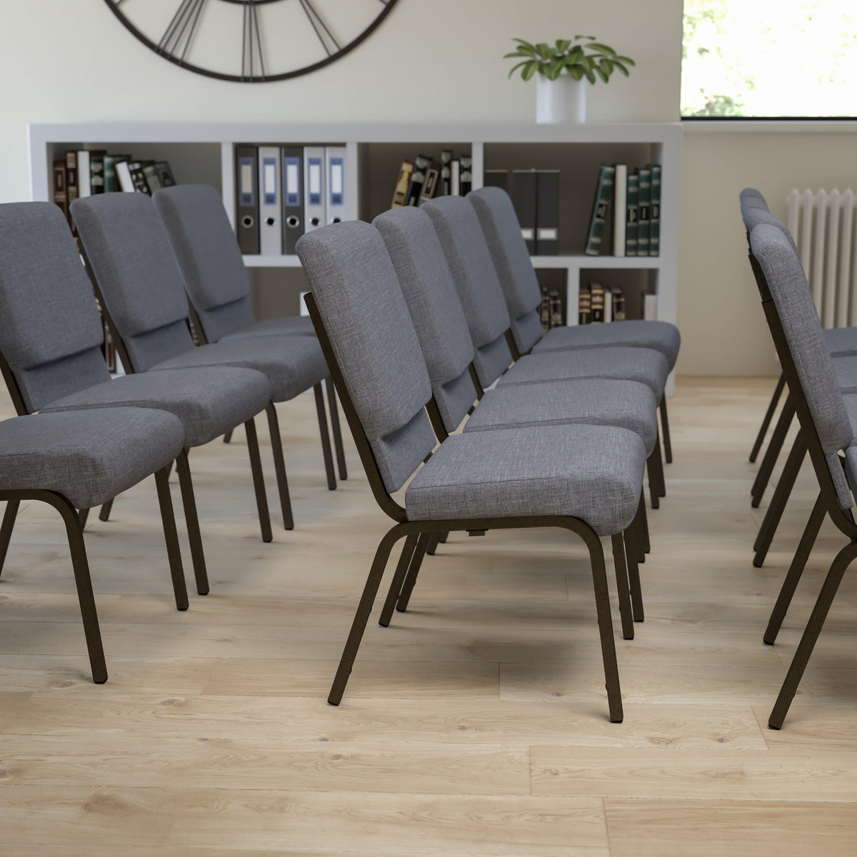 Gray Fabric/Gold Vein Frame |#| 18.5inchW Stacking Church Chair in Gray Fabric - Gold Vein Frame