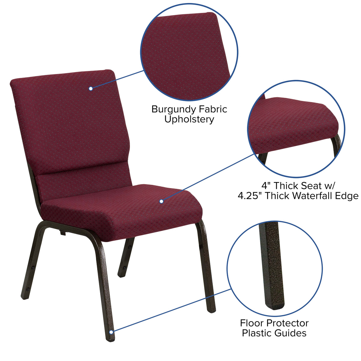 Burgundy Patterned Fabric/Gold Vein Frame |#| 18.5inchW Stacking Church Chair in Burgundy Patterned Fabric - Gold Vein Frame