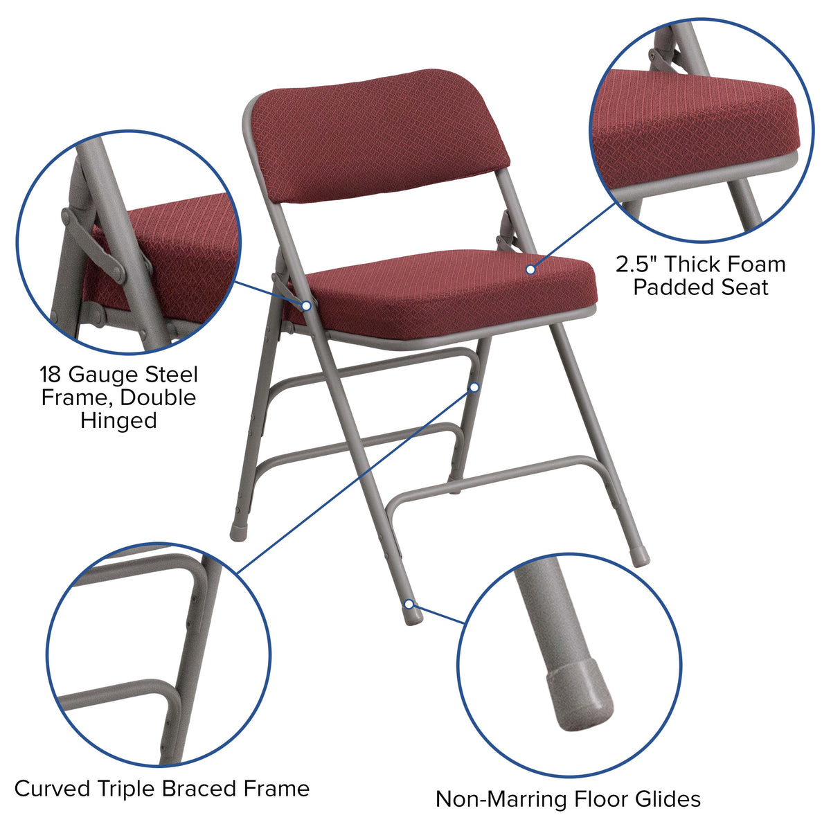 Burgundy |#| 18inchW Premium Triple Braced & Double Hinged Burgundy Fabric Metal Folding Chair