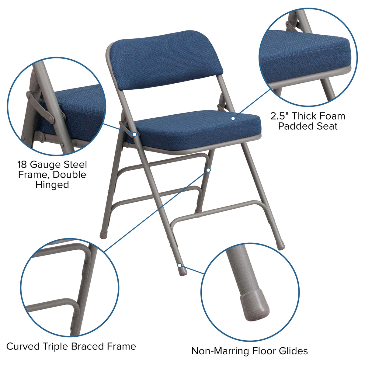 Navy |#| 18inchW Premium Triple Braced & Double Hinged Navy Fabric Metal Folding Chair