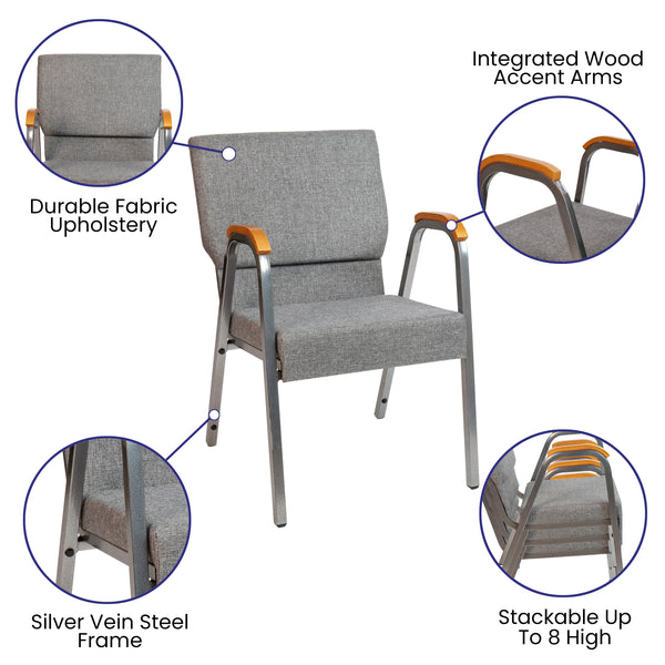 Gray Fabric/Silver Vein Frame |#| 21inch Stackable Church Chair with Arms in Gray Fabric - Silver Vein Frame