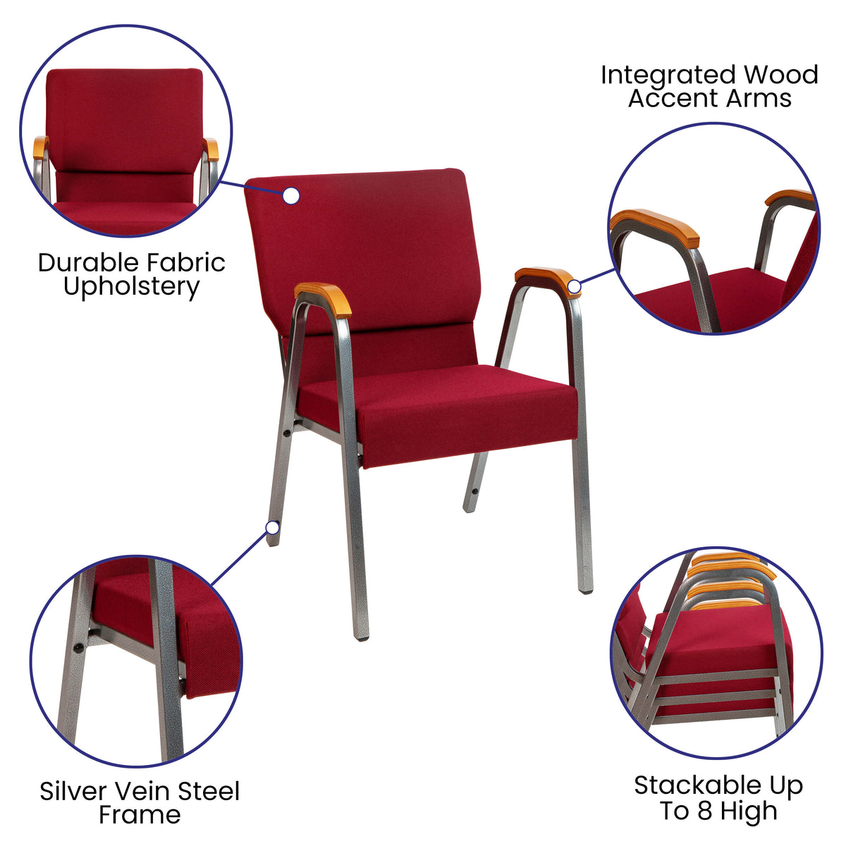 Burgundy Fabric/Silver Vein Frame |#| 21inch Stackable Church Chair with Arms in Burgundy Fabric - Silver Vein Frame